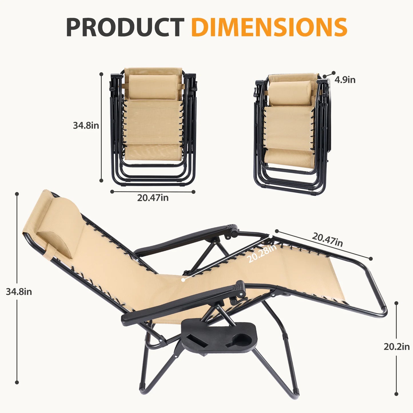 JHK Portable Zero Gravity Recliner Chairs Set of 2 Outdoor Lounge Chair with Cup Holder Trays Adjustable Pillow