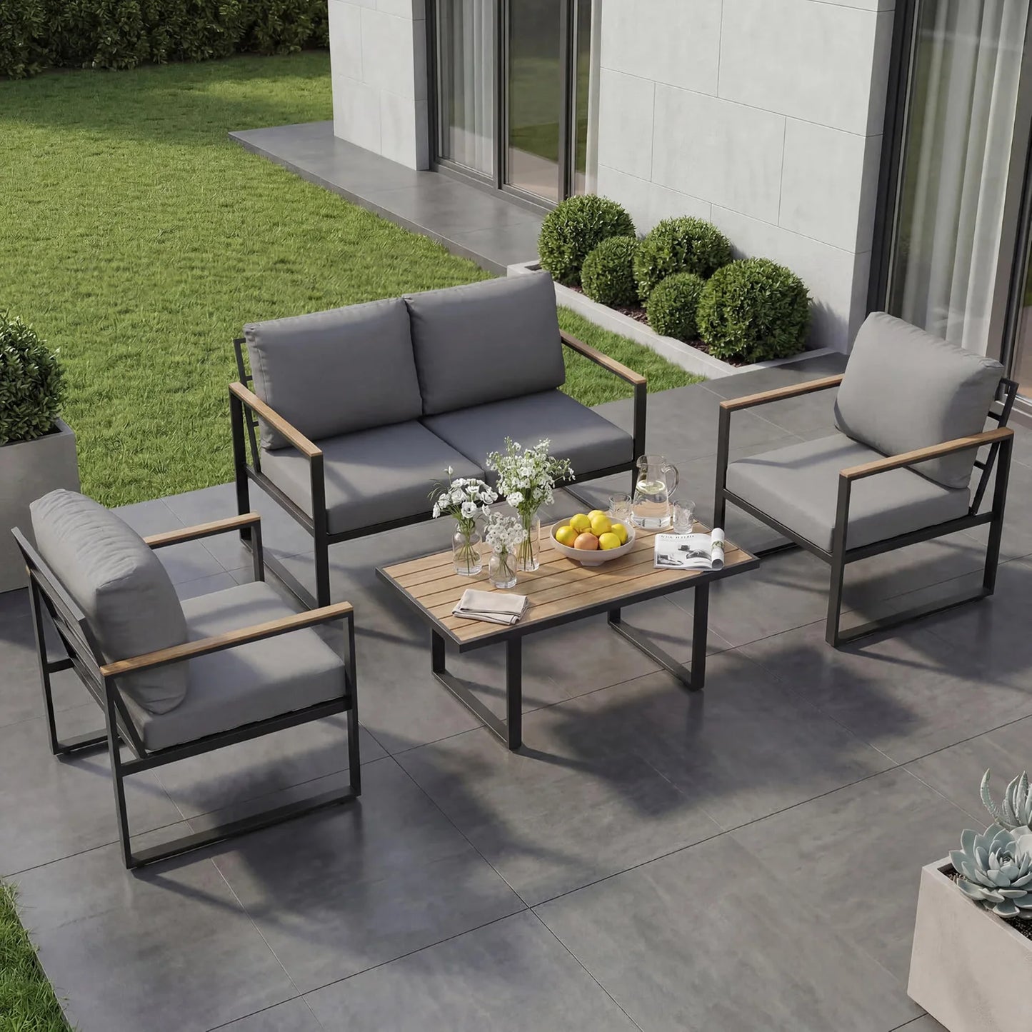 Modern 4-Piece Patio Furniture Set Outdoor Conversation Sectional Sofa With Coffee Table Thick Washable Cushions