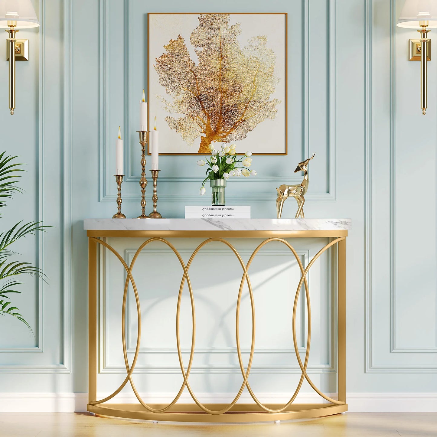 Tribesigns Half Moon Gold Console Table, 43" Modern Entryway Table, Narrow Semi Circle Sofa Table with Geometric Metal Frame