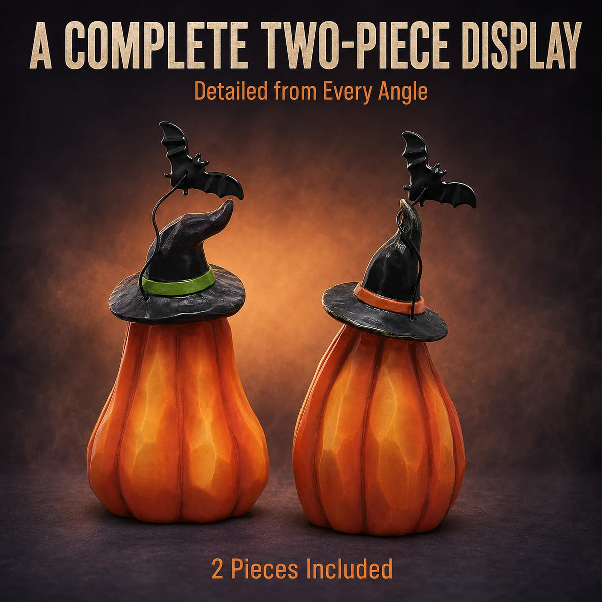 Halloween Pumpkin Figurine Set, 2-Piece LED Light Up Jack-o'-Lantern Decor with Witch Hat & Black Bat Accents, Spooky Glowing Tabletop Figure for Shelf Display, Collectible Fall Seasonal Home Decoration Halloween Gift