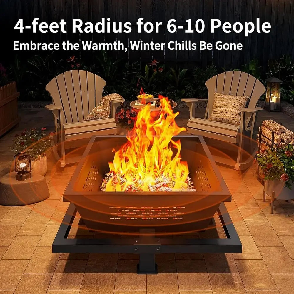 42 Square Outdoor Fire Pit with Poker, Wood-Burning for Backyard and Patio Use