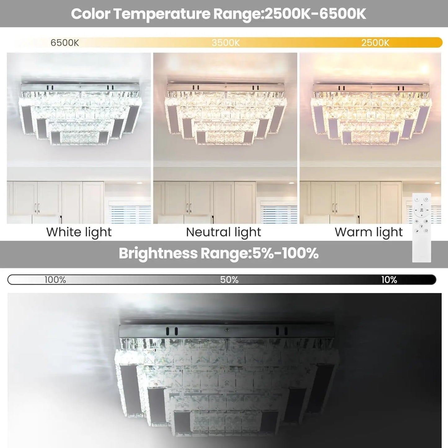 FRIXCHUR Dimmable Square Crystal Flush Mount Ceiling Light 3000-6500K Remote