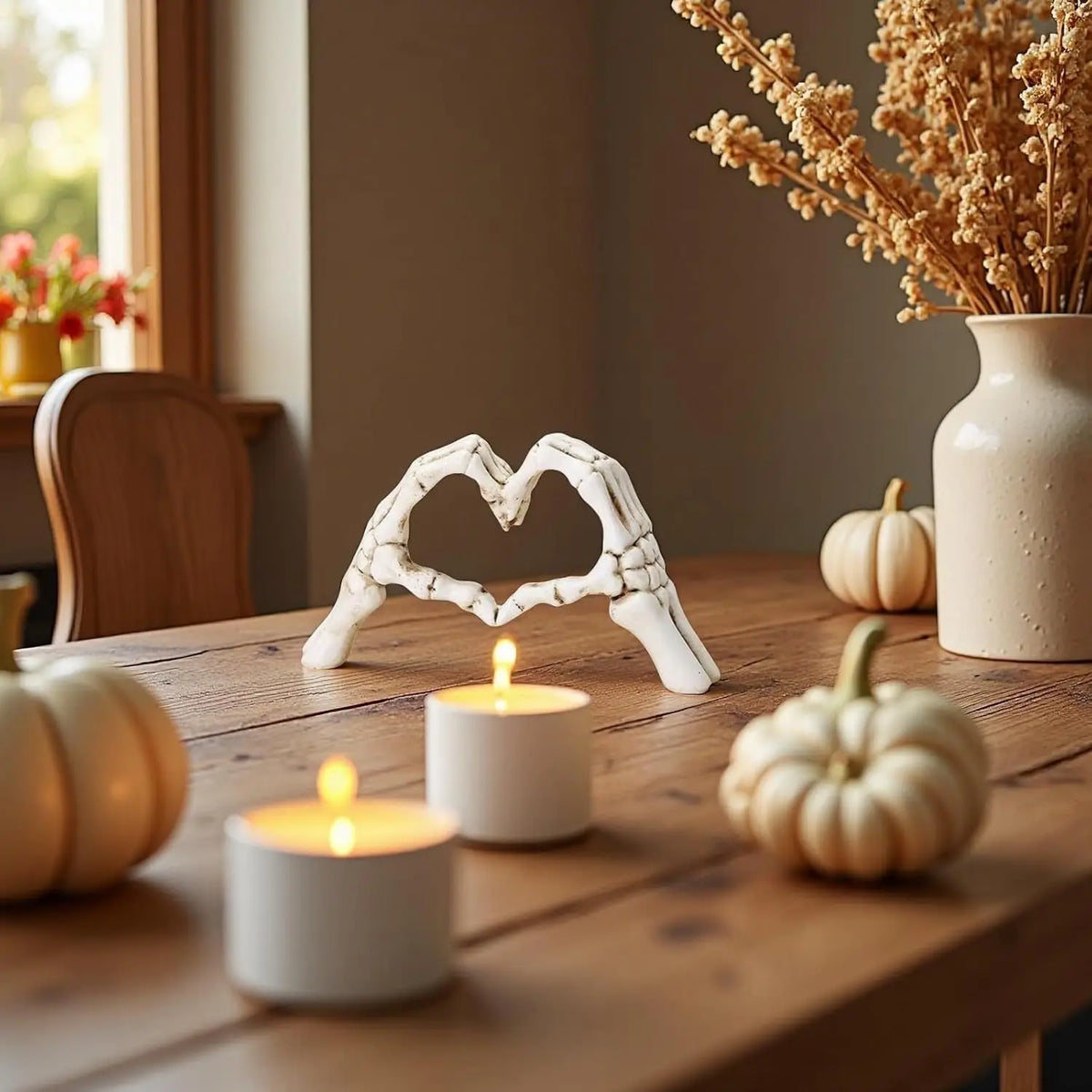 Gothic Skeleton Heart Hands Sculpture – Unique "Until Death" Bone Heart Love Sign, Desktop Ornament for Halloween Home Decor, Gothic Wedding Gift, Shelf & Mantel Display