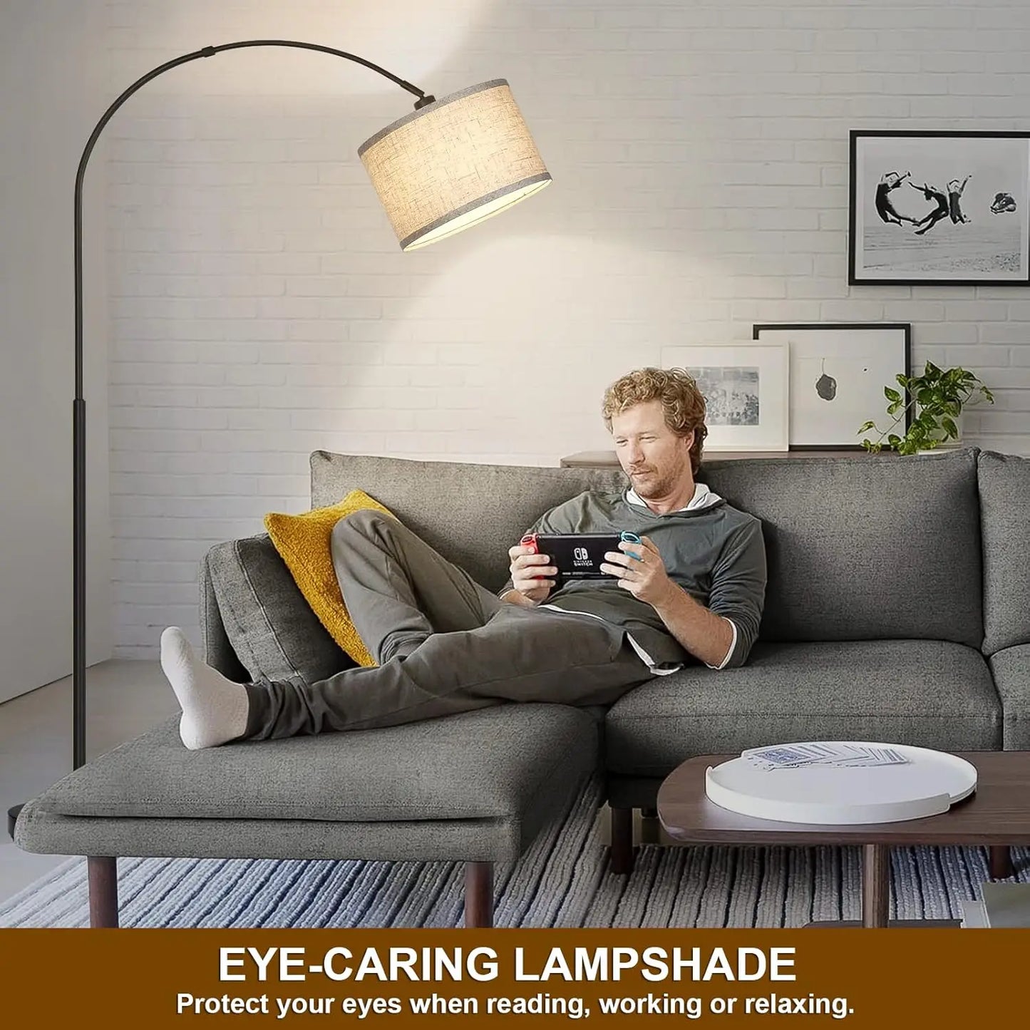 Arc Tall Floor Lamp With Drum Shade And Foot Switch Over-Couch Reading Light
