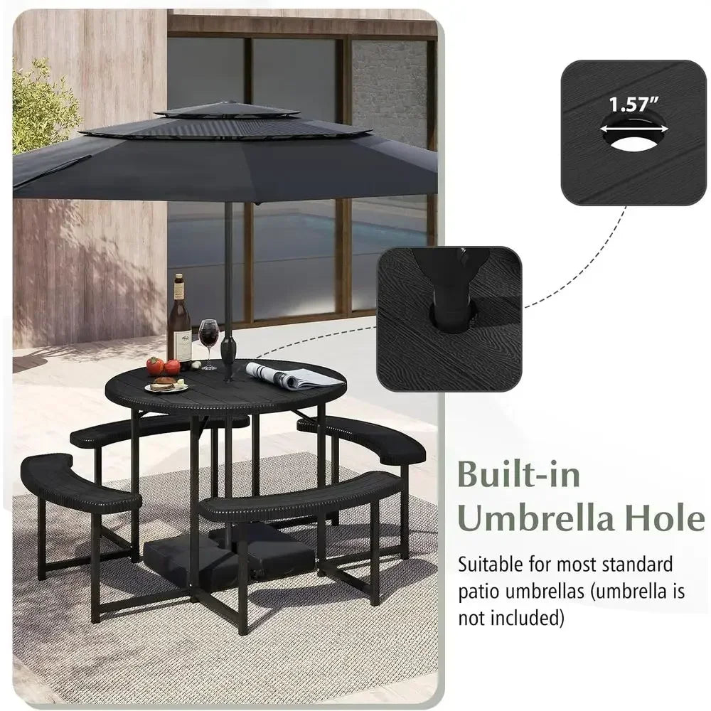 8-Person Round Outdoor Dining Table with Umbrella Hole, 37 HDPE Top, Metal Frame, Black Patio Furniture Set