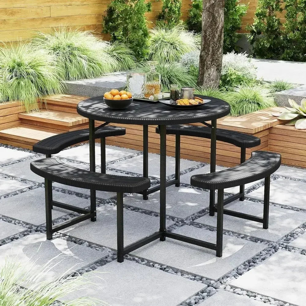 8-Person Round Outdoor Dining Table with Umbrella Hole, 37 HDPE Top, Metal Frame, Black Patio Furniture Set
