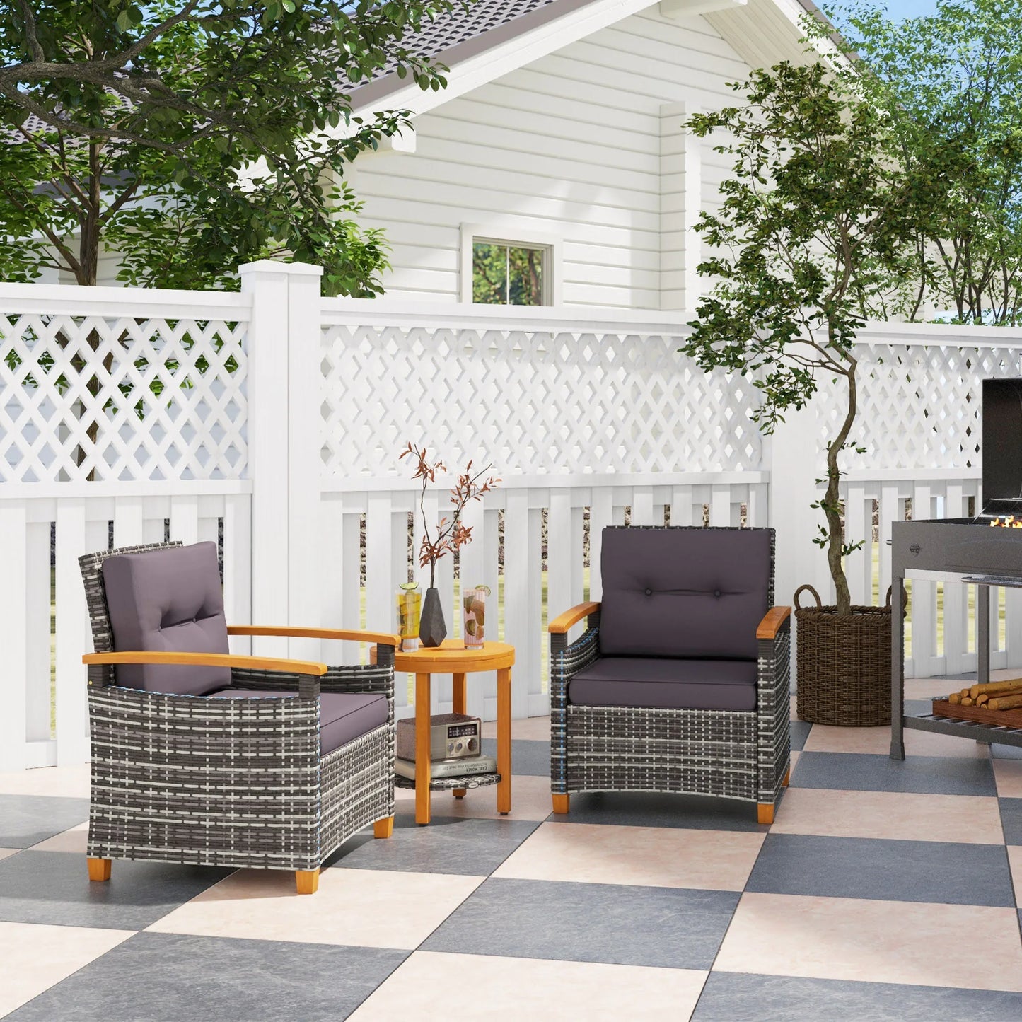 3 Pieces Wicker Patio Bistro Set Outdoor with Cushions, Gray