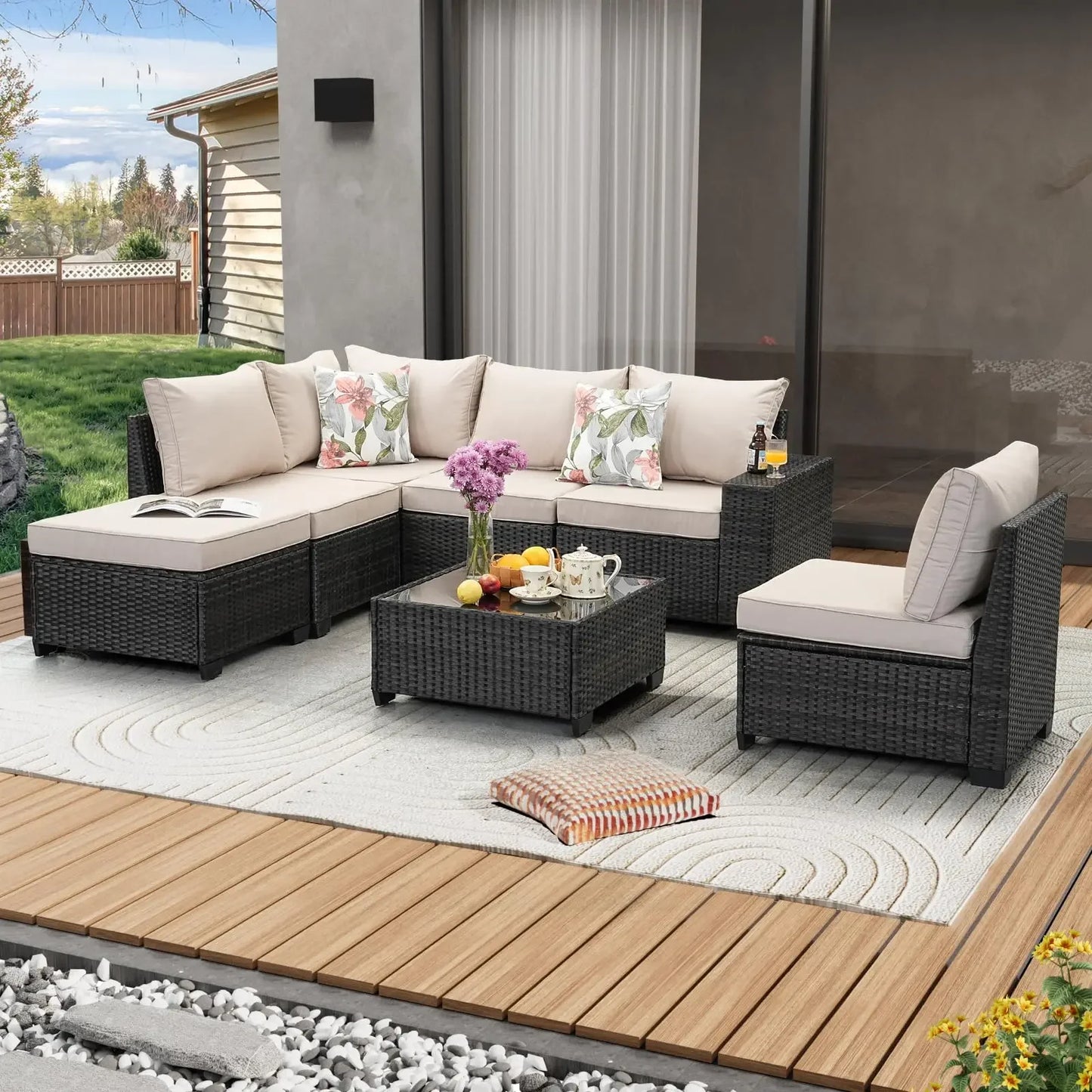Patio Furniture Set Outdoor Wicker Sectional Conversation Sofa Rattan Patio Seating Sofa with Cushion and Glass Table