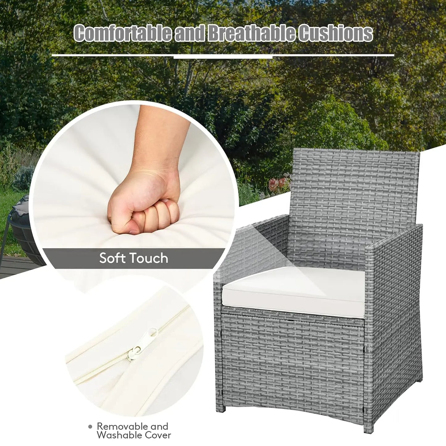 3 Piece Patio Rattan Furniture Set with Coffee Table, Cushioned Dining Chairs,