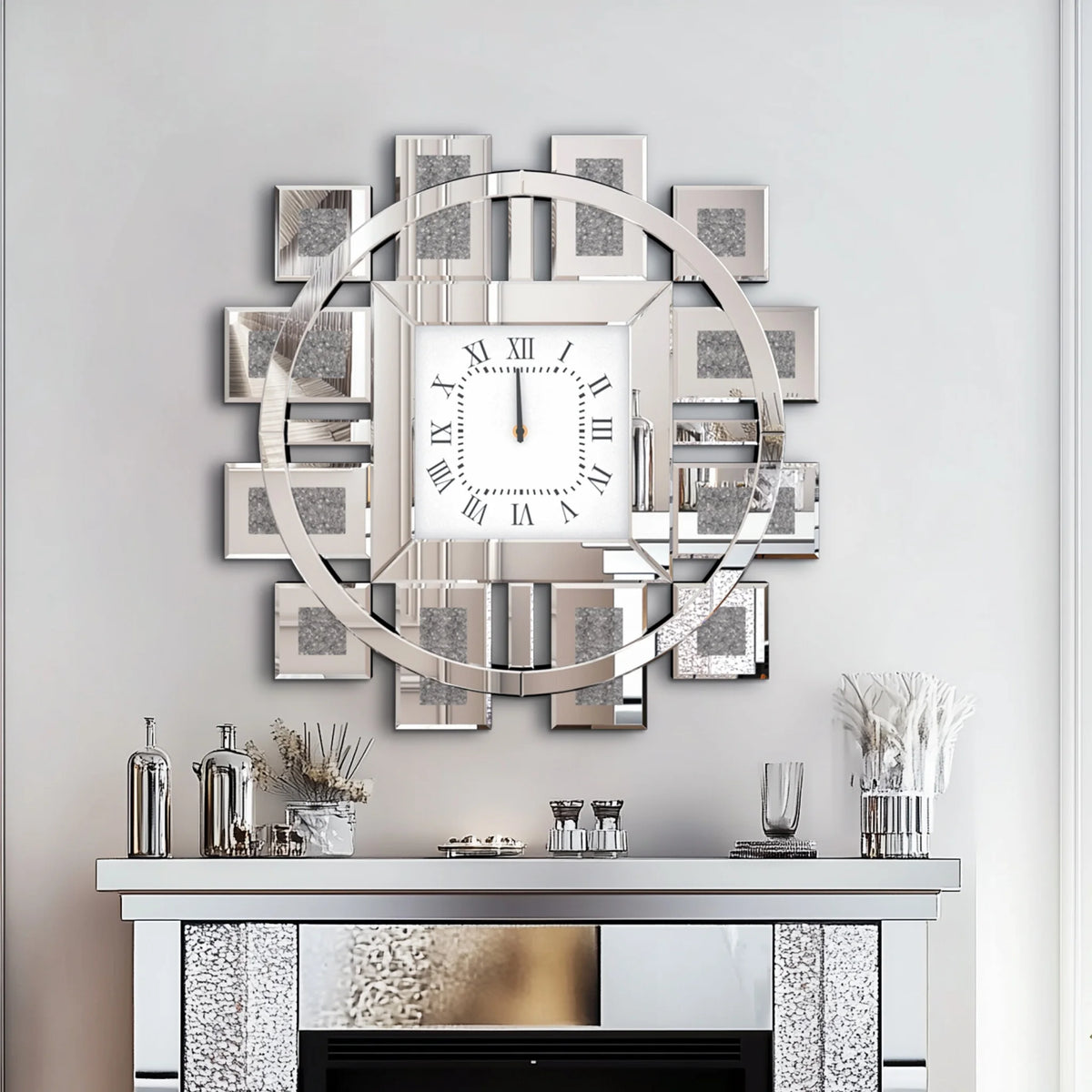 Round Wall Clock With Crushed Diamond Beveled Mirror Frame