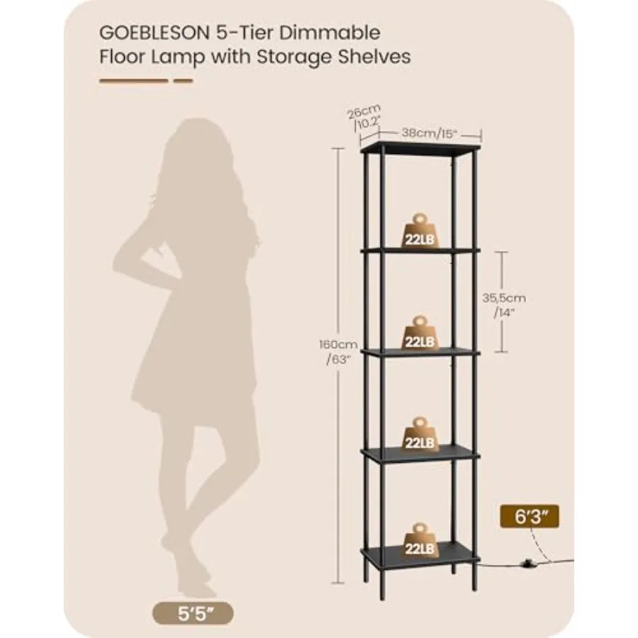 Display Shelf with Light, 5-Tier Shelf Lamp, Corner Floor Lamp with Shelves, Dimmable LED Floor Lamp for Living Room with Remot