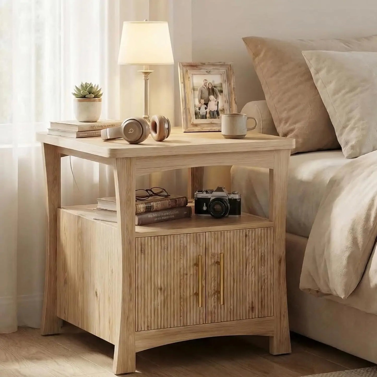 Nightstand with Charging Station, Wood Night Stand, 23.6inch Large Bedside Table with Storage, End Table for Bedroom, Oak