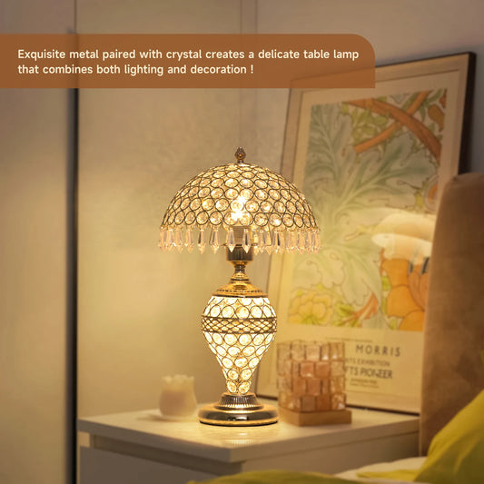Elegant Crystal Table Lamp Three-Color Adjustable Bedroom Bedside Night Light Gold-Plated Metal Desktop Lamp Living Room Bedroom Home Decorative Light