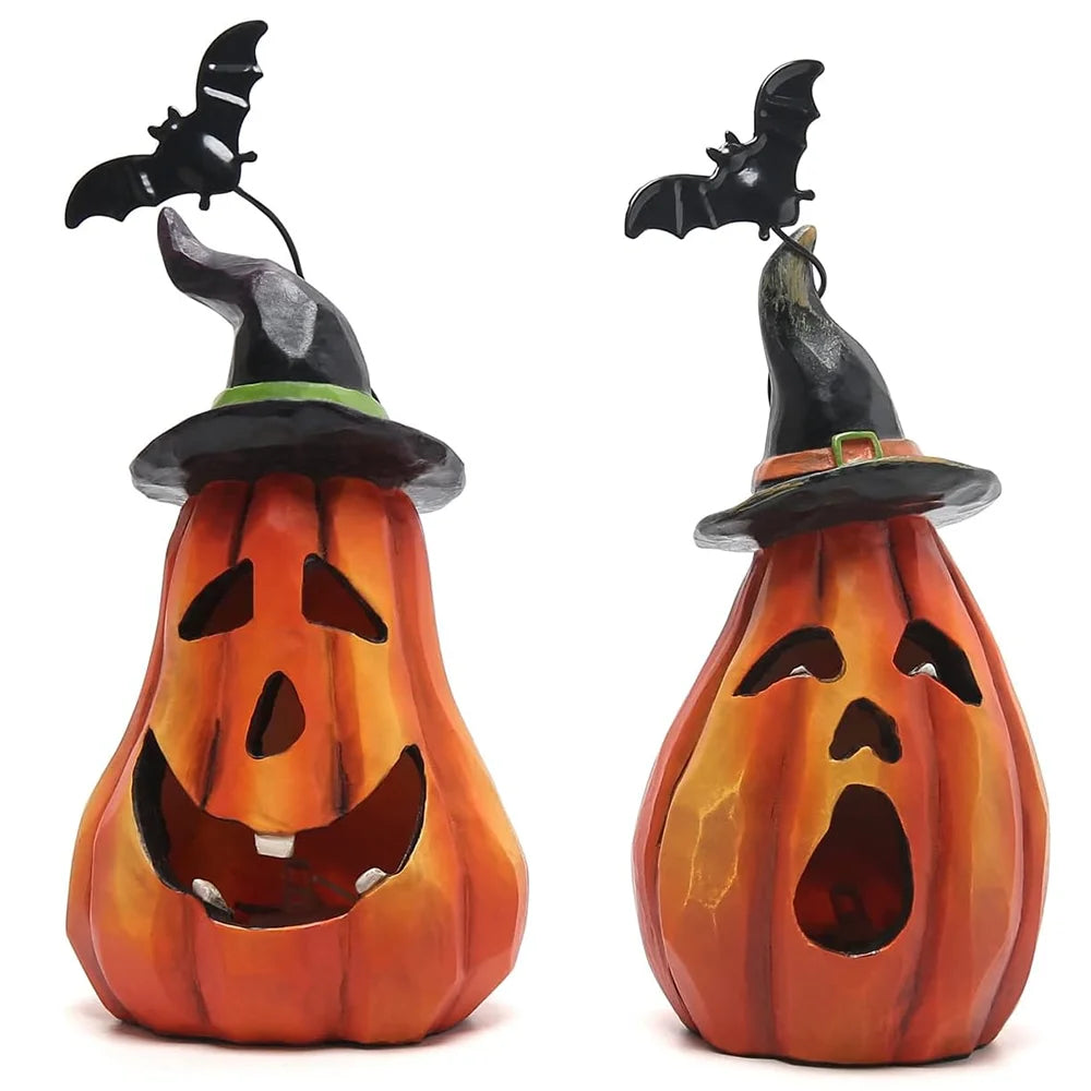 Halloween Pumpkin Figurine Set, 2-Piece LED Light Up Jack-o'-Lantern Decor with Witch Hat & Black Bat Accents, Spooky Glowing Tabletop Figure for Shelf Display, Collectible Fall Seasonal Home Decoration Halloween Gift