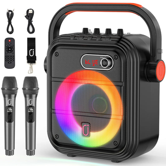 Karaoke Machine with 2 Wireless Microphones, Portable Bluetooth Speaker Lights, Supports USB, AUX, FM, Rec,
