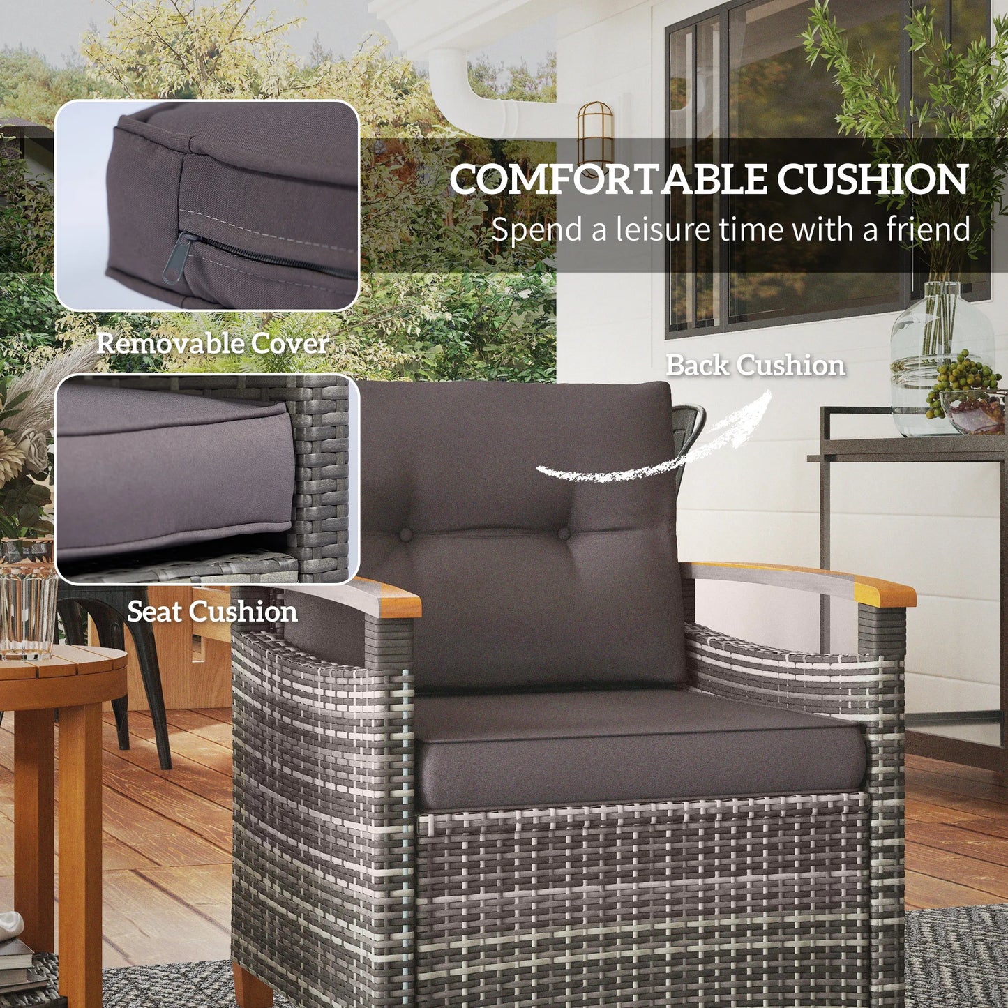 3 Pieces Wicker Patio Bistro Set Outdoor with Cushions, Gray