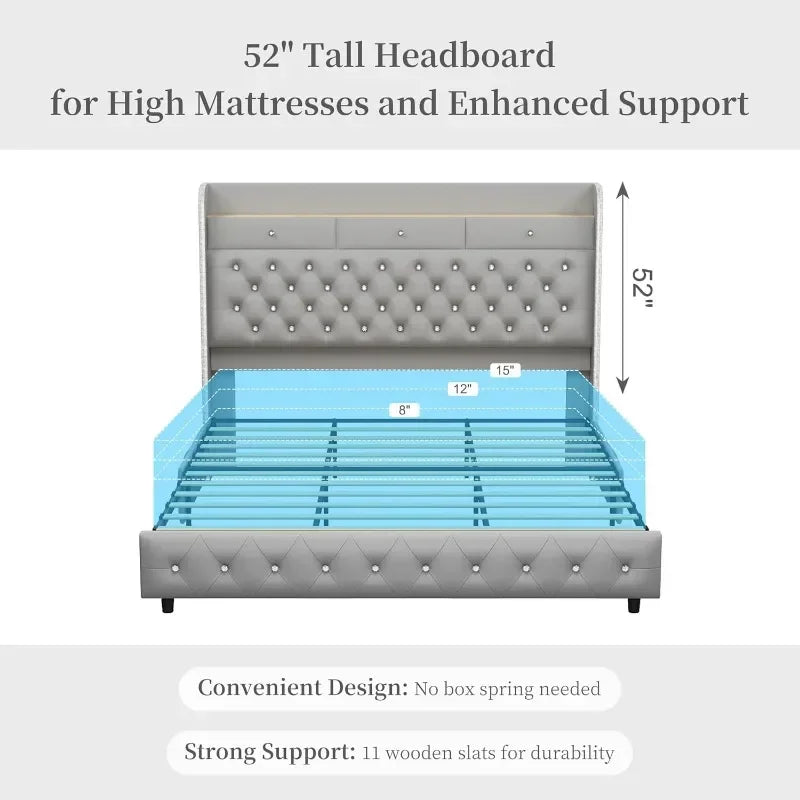 LED Bed Frame with Galaxy Aurora Star Projector and Charging Station, Platform Beds with 52" Diamond Upholstered Customized Headboard Lights