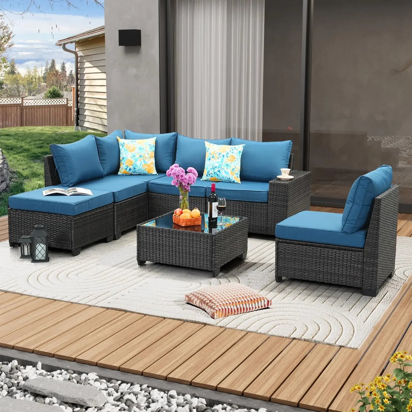 Patio Furniture Set Outdoor Wicker Sectional Conversation Sofa Rattan Patio Seating Sofa with Cushion and Glass Table