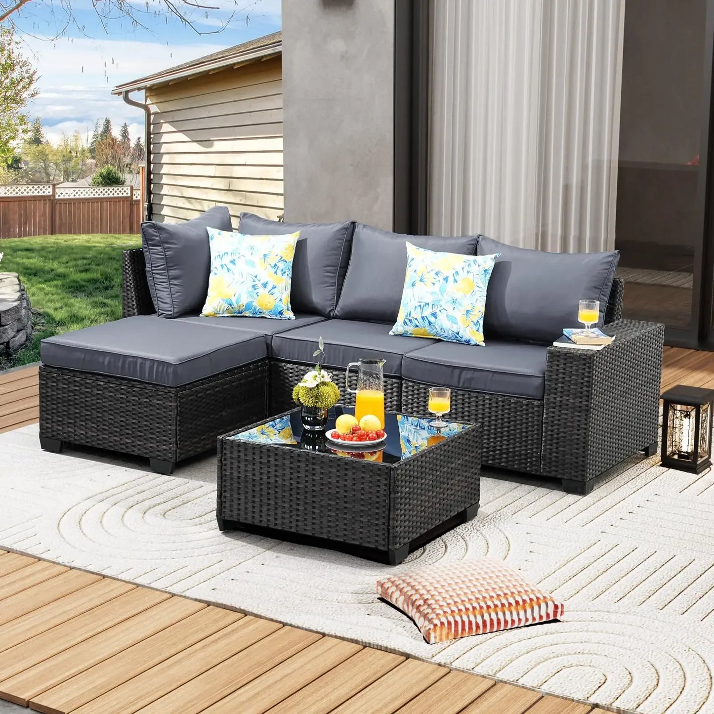 Patio Furniture Set Outdoor Wicker Sectional Conversation Sofa Rattan Patio Seating Sofa with Cushion and Glass Table