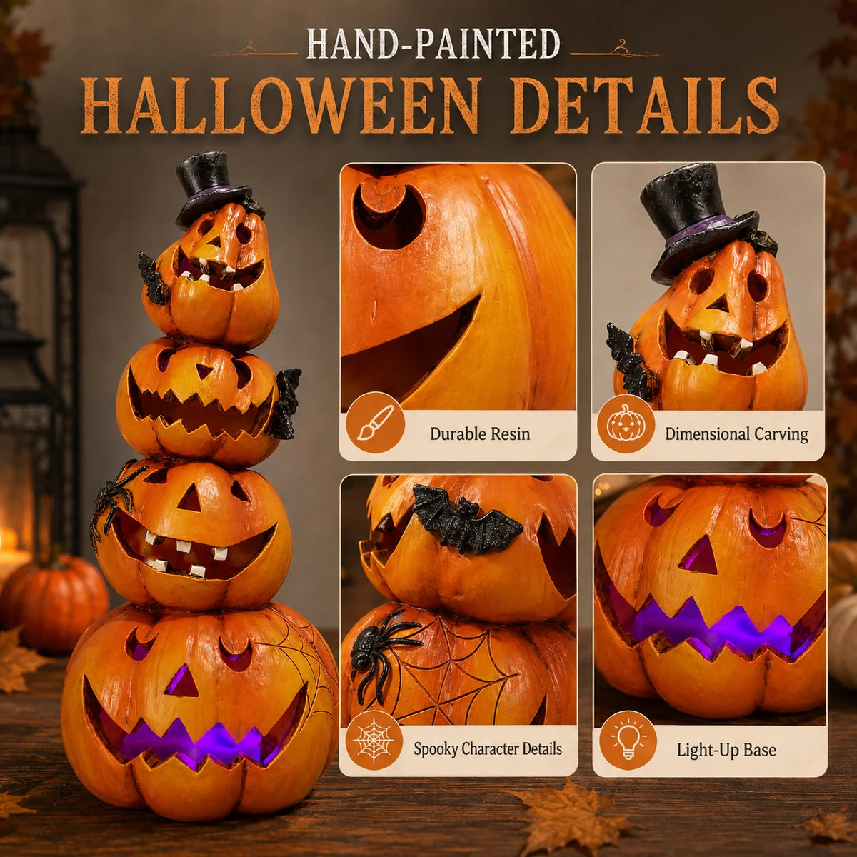 Halloween Light-Up Stacked Pumpkin Figurine, 4-Tier Jack-O-Lantern Tower with Black Top Hat, Bats, Spider and Web, Glowing Hand-Painted Tabletop Decor for Mantel, Shelf, Fireplace, Entryway, Spooky Party and Haunted House Dis