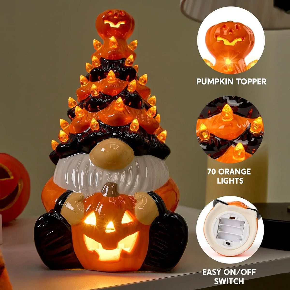 Joyfy Ceramic Pumpkin Gnome Tree Tabletop Decor With LED Lights