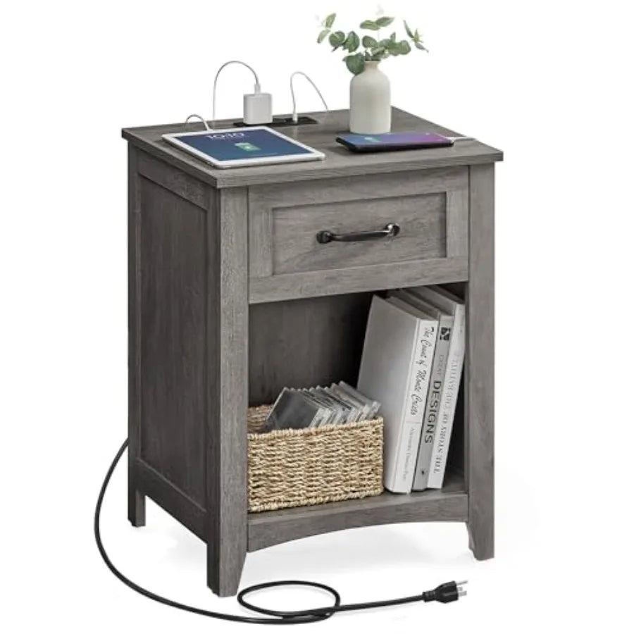 LIRY Collection - Farmhouse Nightstand with Charging Station, Bedside Table, Side Table with Drawer, Open Compartment, for Bedr