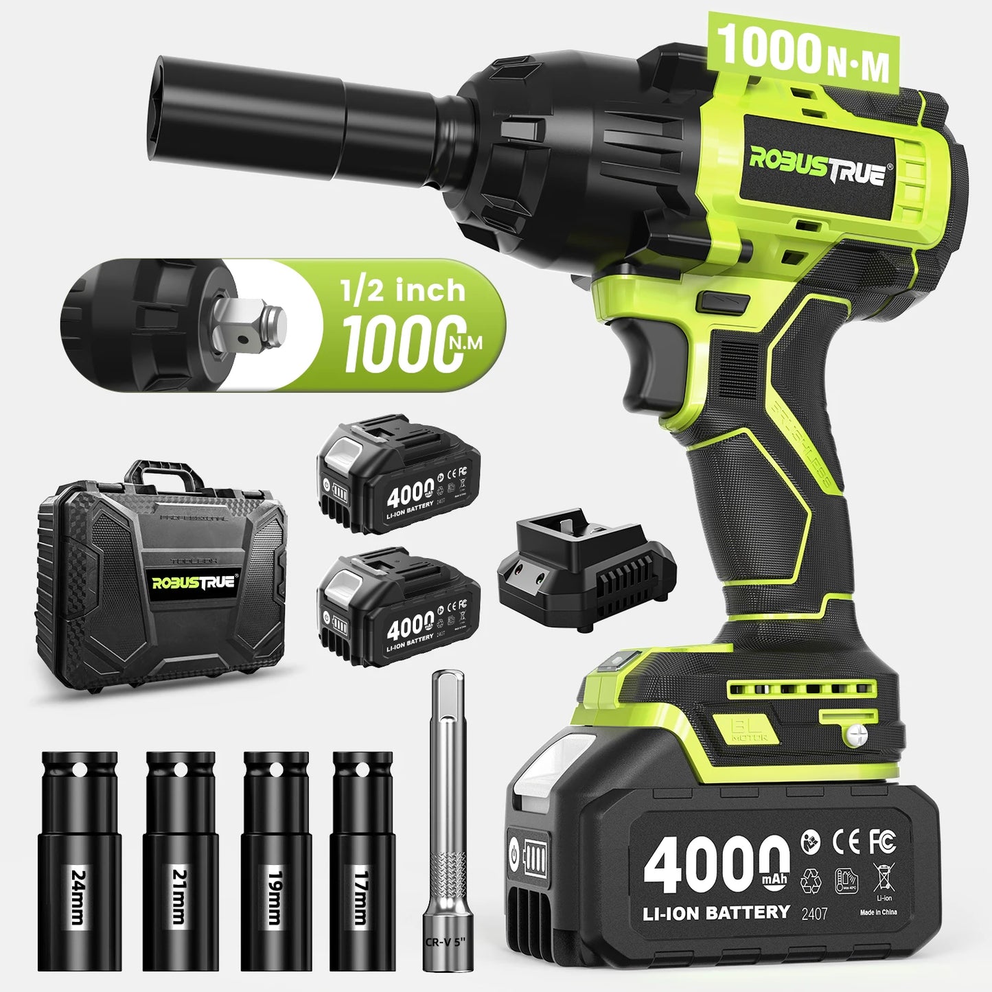 Robustrue 1000Nm Brushless Cordless Impact Wrench With 4.0Ah Battery