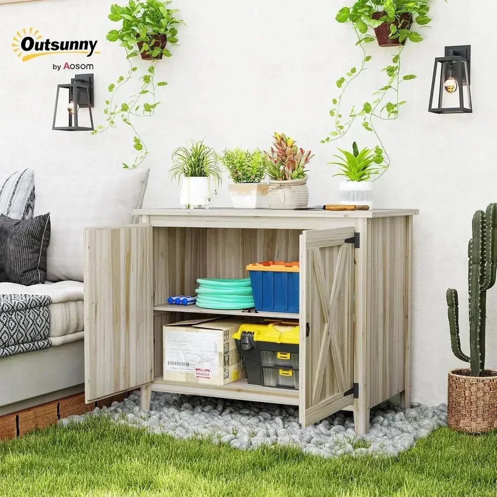 Weatherproof Wood Outdoor Storage Cabinet With Dual Doors