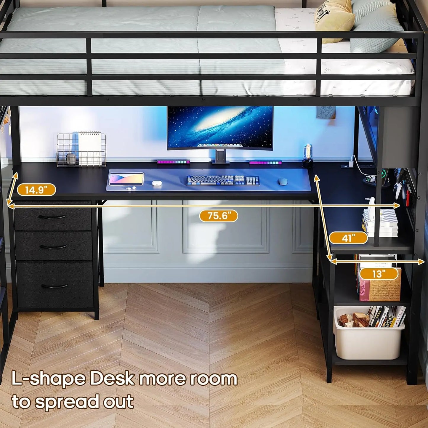 Twin Loft Bed L-Shaped with Gaming Desk Storage Hutch Power Outlet Metal Frame Lights Space Saving Black, Customized