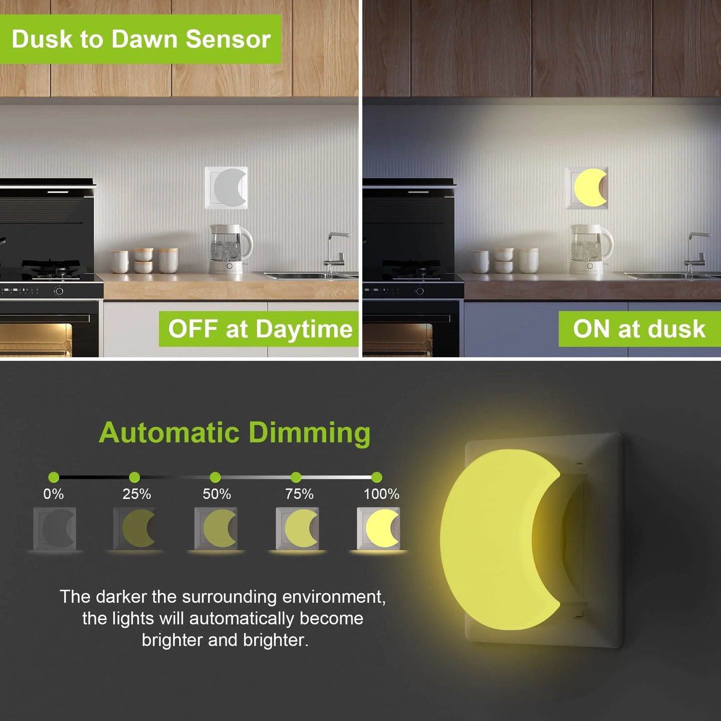 Moon Shape LED Night Light Sensor Plug Auto On Off