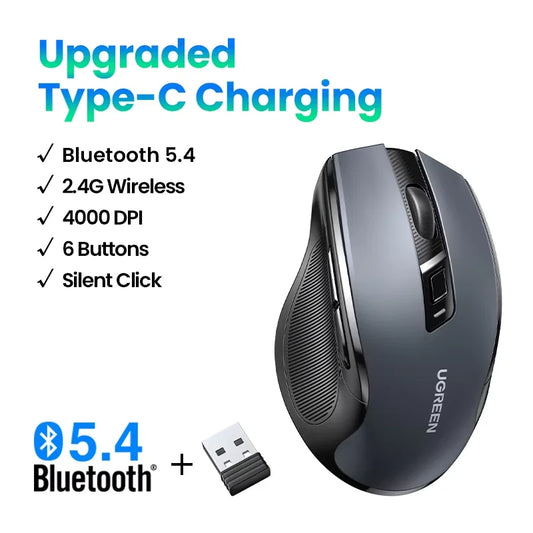 Wireless Mouse Bluetooth5.0 Mouse Ergonomic 4000DPI Mute Button, Mouse For MacBook Tablet Laptops Computer PC