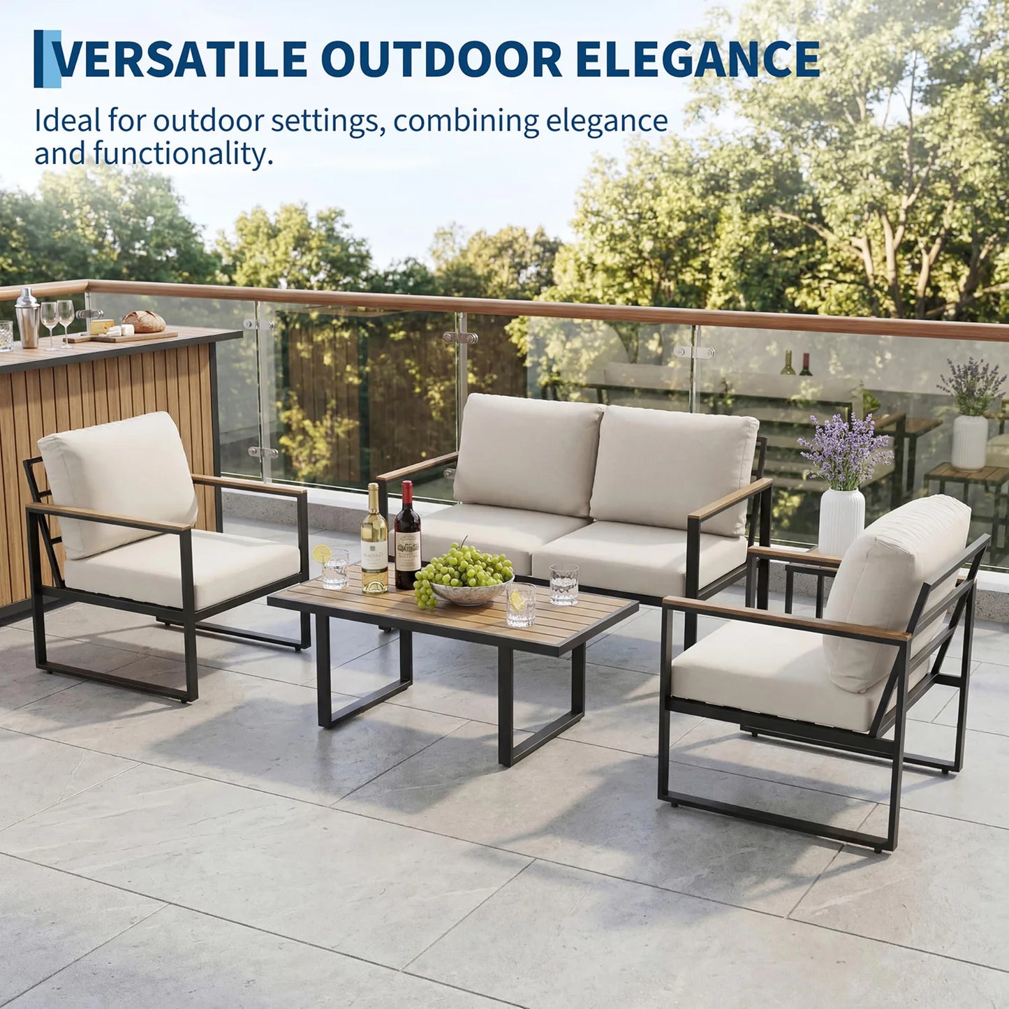 Modern 4-Piece Patio Furniture Set Outdoor Conversation Sectional Sofa With Coffee Table Thick Washable Cushions