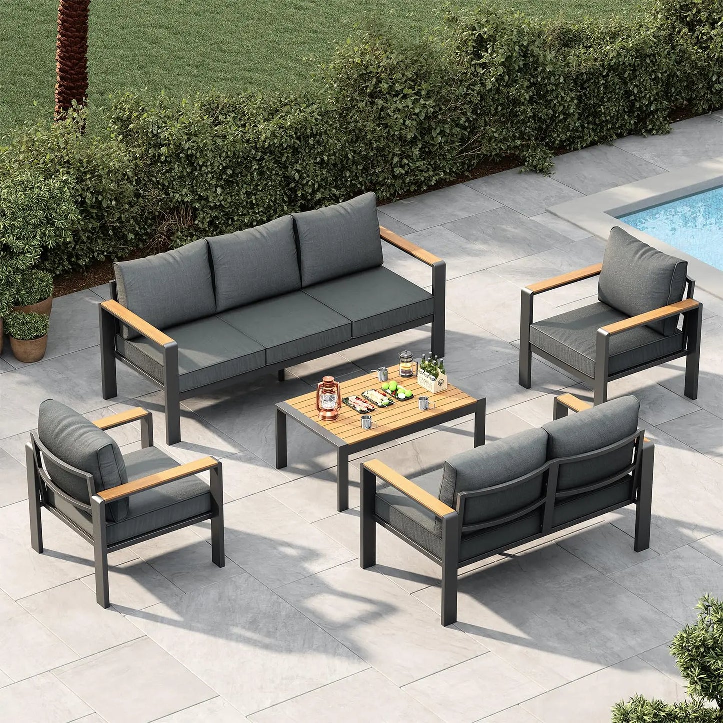 7 Seat Aluminum Patio Furniture Set, Outdoor Sectional Sofa With 5 Inch Thick Cushions & Coffee Table