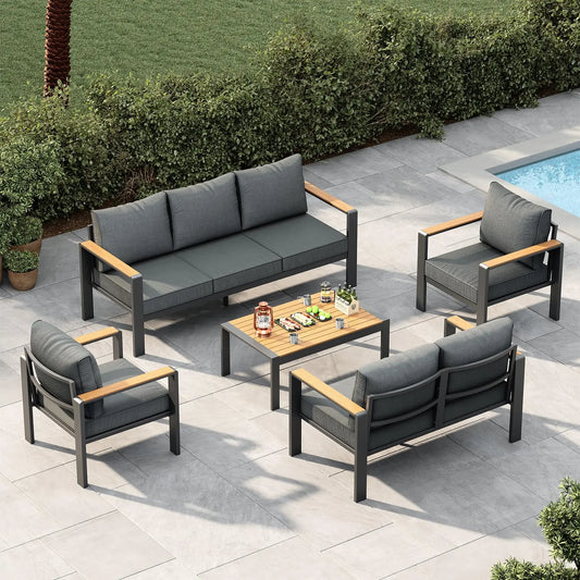 7 Seat Aluminum Patio Furniture Set, Outdoor Sectional Sofa With 5 Inch Thick Cushions & Coffee Table