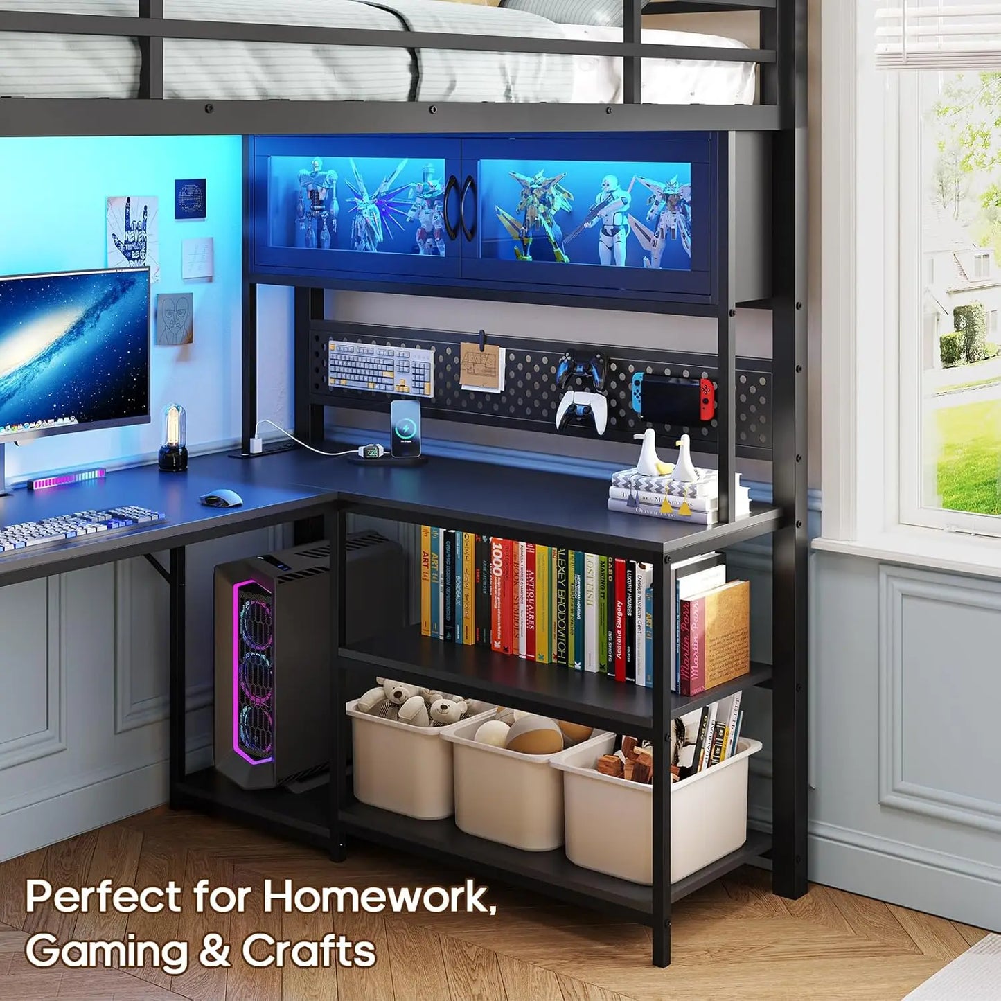 Twin Loft Bed L-Shaped with Gaming Desk Storage Hutch Power Outlet Metal Frame Lights Space Saving Black, Customized