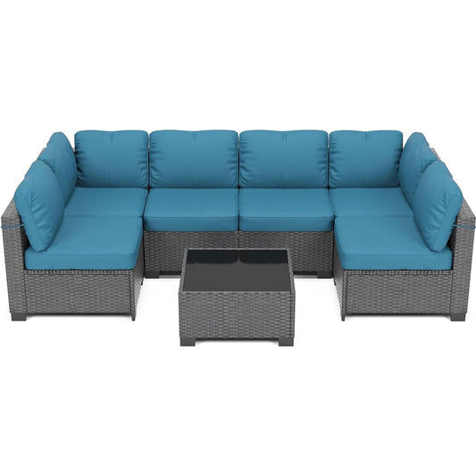HiMISS 7-Piece PE Rattan Patio Set With Cushions Glass Table