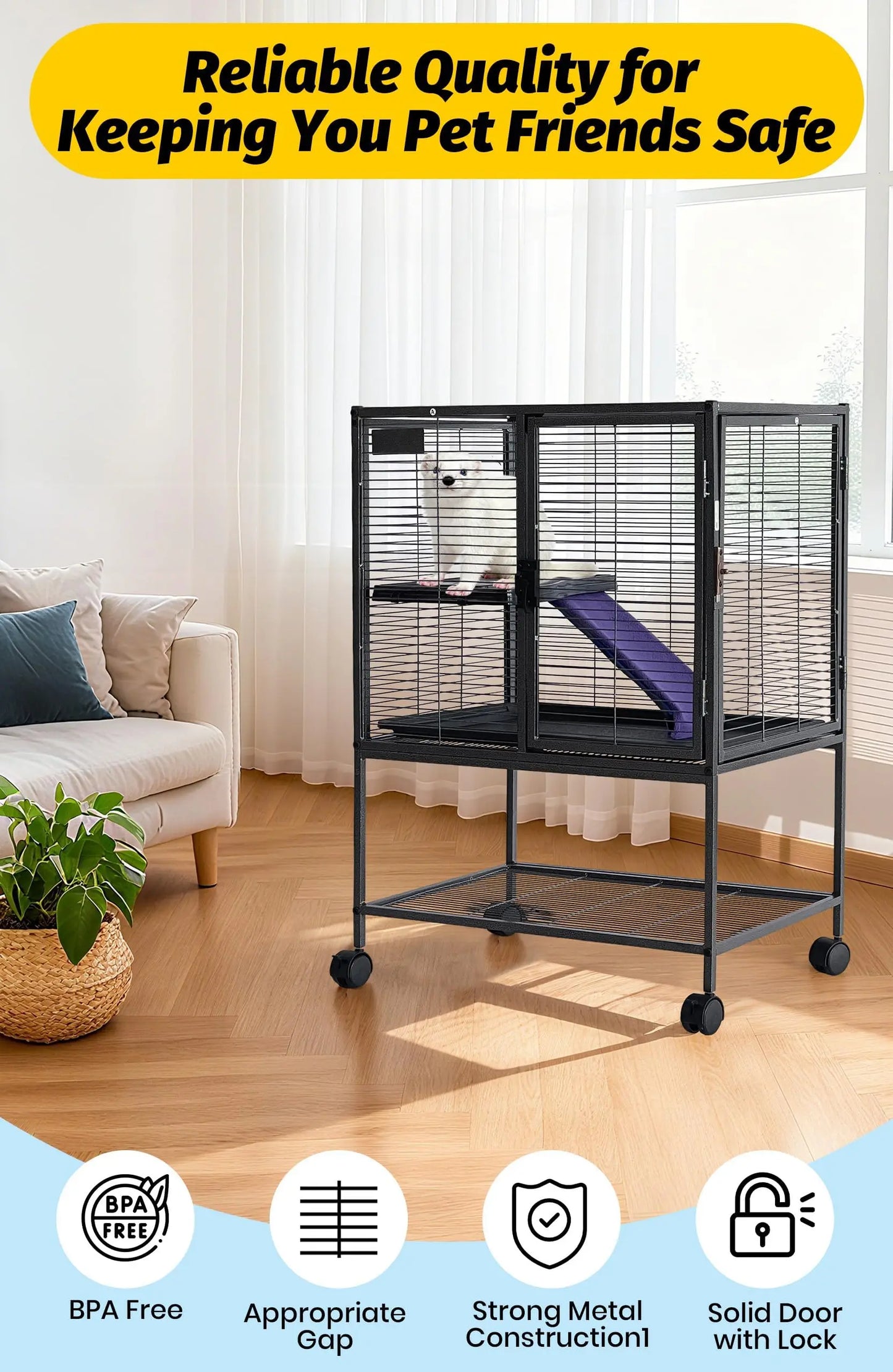 Multi-Level Metal Small Animal Cage Large Ferret Cage with Ramp Removable Tray & Storage Stand For Rabbit Guinea Pig Hedgehog