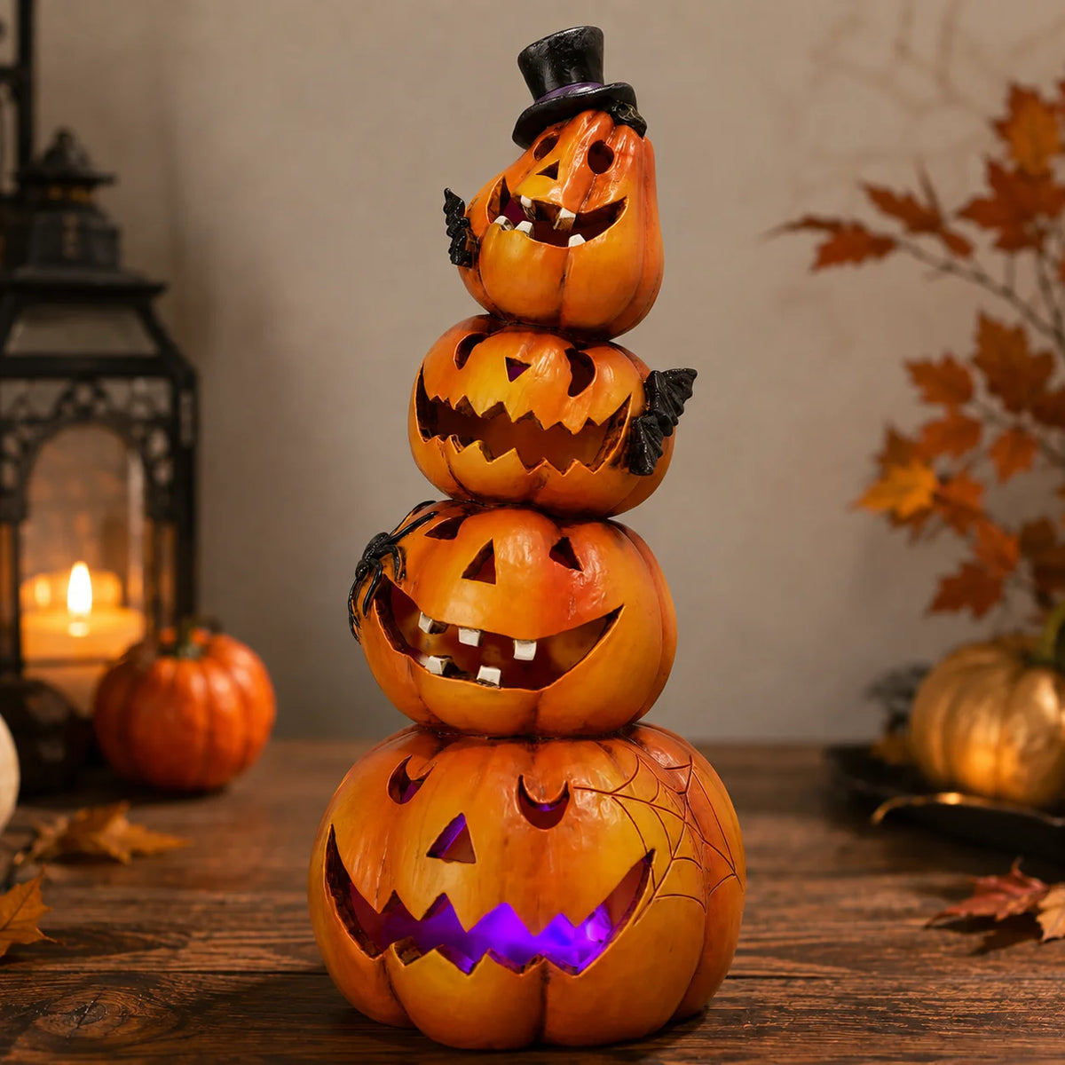 Halloween Light-Up Stacked Pumpkin Figurine, 4-Tier Jack-O-Lantern Tower with Black Top Hat, Bats, Spider and Web, Glowing Hand-Painted Tabletop Decor for Mantel, Shelf, Fireplace, Entryway, Spooky Party and Haunted House Dis