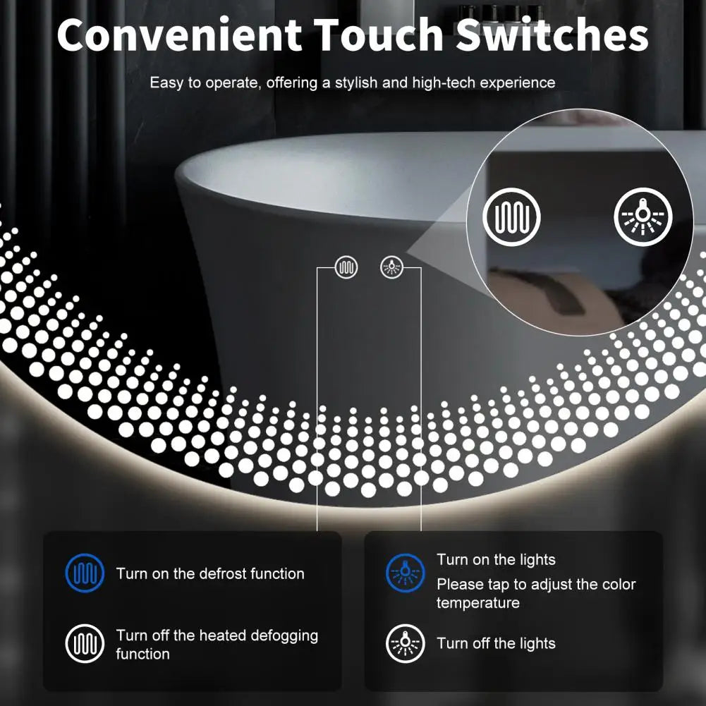 LED Anti Fog Wall Mount Tempered Glass Bathroom Mirror
