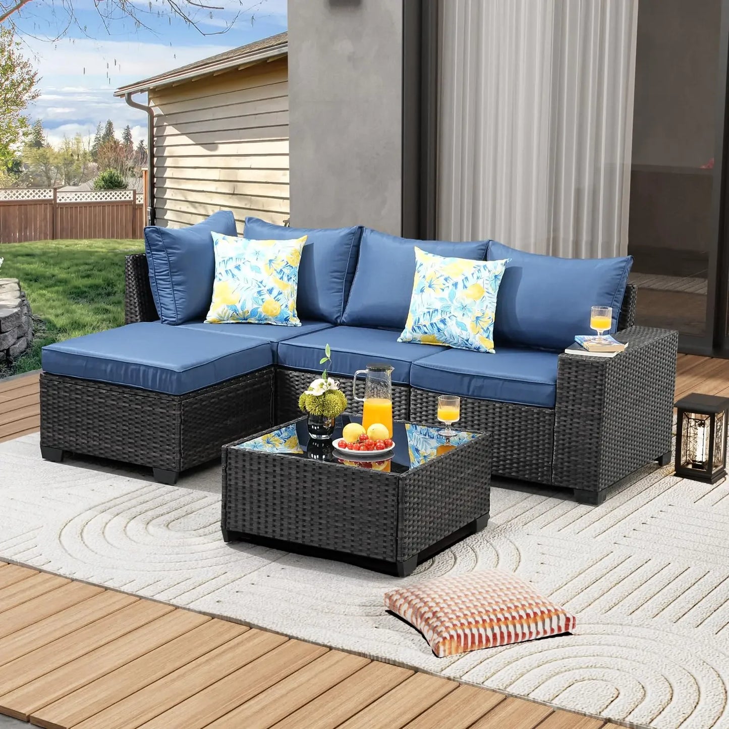 Patio Furniture Set Outdoor Wicker Sectional Conversation Sofa Rattan Patio Seating Sofa with Cushion and Glass Table
