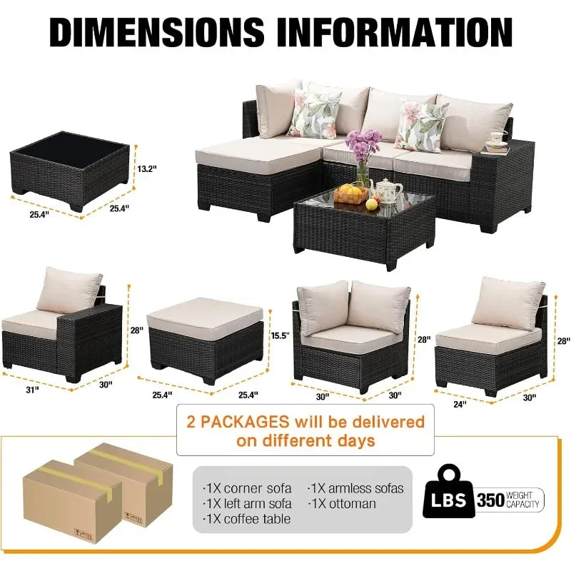 Patio Furniture Set Outdoor Wicker Sectional Conversation Sofa Rattan Patio Seating Sofa with Cushion and Glass Table