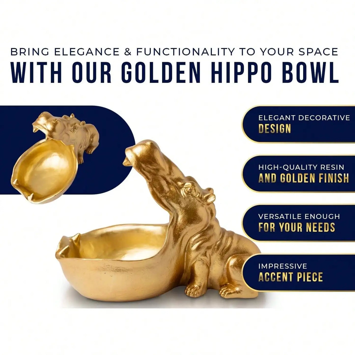 Hip Hippo Resin Figurine – Funky Hippopotamus Sculpture With Open Bowl Design For Snacks, Keys, Or Trinkets – Decorative Holder With Elegant Golden Finish – Playful Accent For Modern Decor