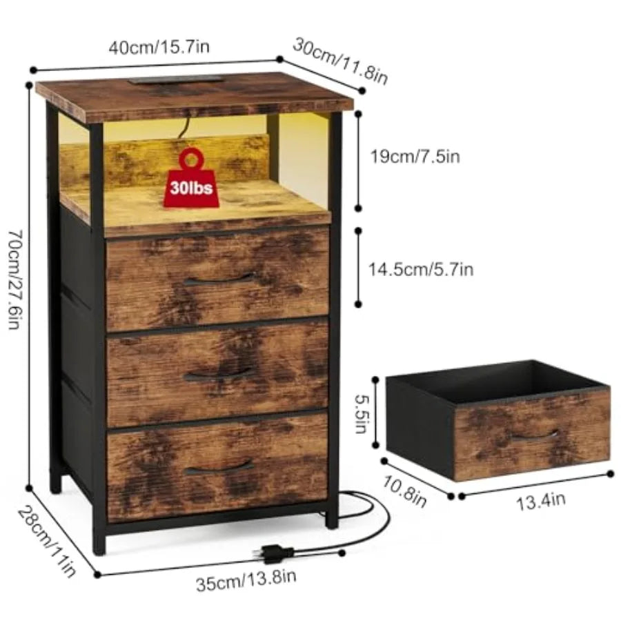 Night Stand with Charging Station, LED Nightstand with Fabric Drawers, End Table with PU Finish, Bed Side Table