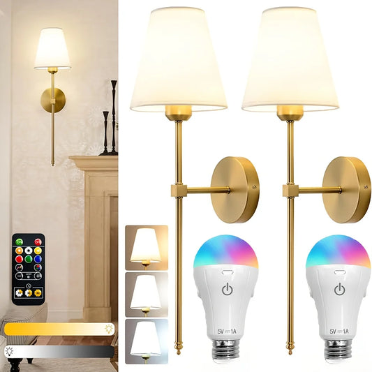 Battery Operated Wall Sconce Set of 2,Gold Rechargeable Wall Lights with Dimmable Bulbs and Remote,10 Colors Wireless W