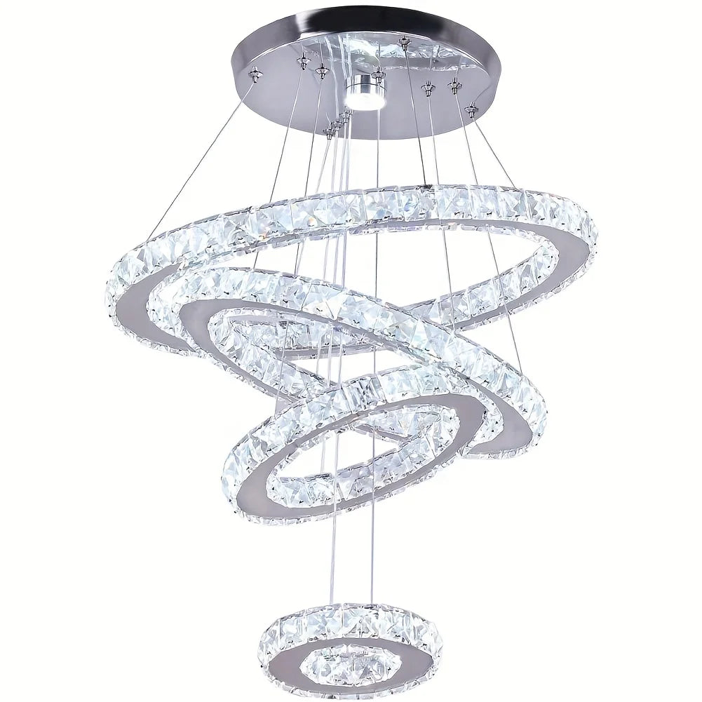 Crystal LED Rings Pendant Chandelier In Stainless Steel Living Room