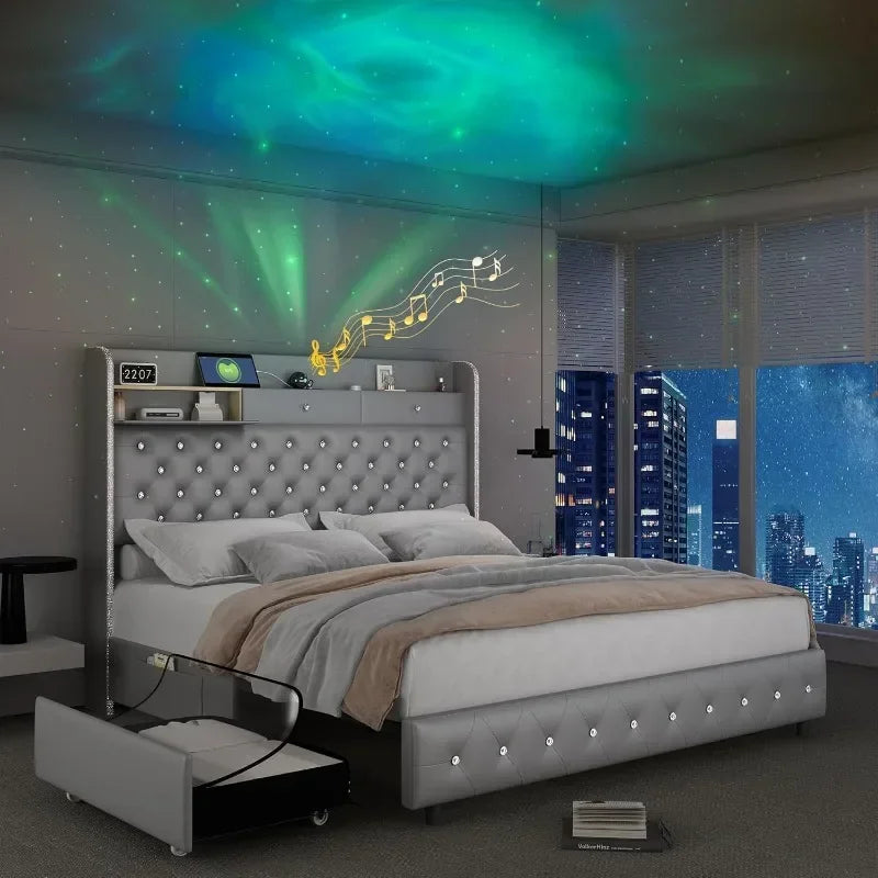 LED Bed Frame with Galaxy Aurora Star Projector and Charging Station, Platform Beds with 52" Diamond Upholstered Customized Headboard Lights