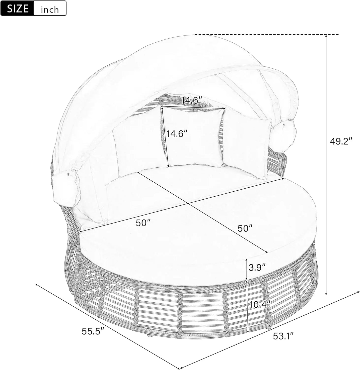 Outdoor Patio Round Rattan Daybed With Retractable Canopy Wicker Furniture