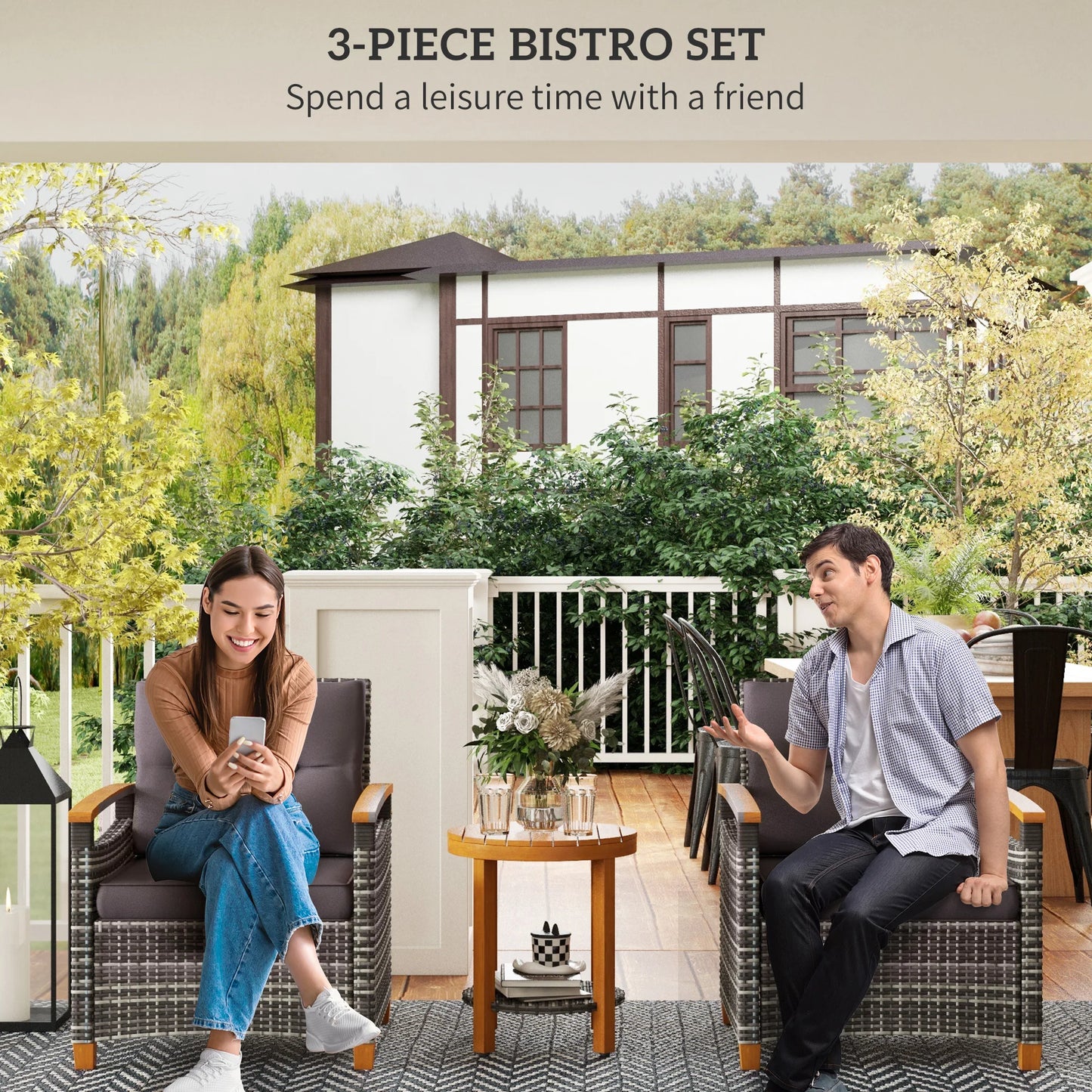 3 Pieces Wicker Patio Bistro Set Outdoor with Cushions, Gray