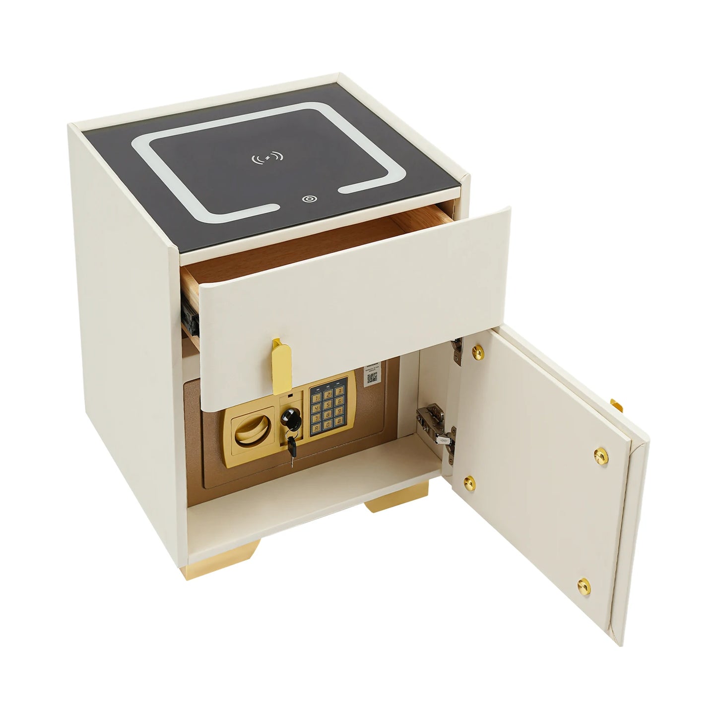 Electronic Lock Bedside Table with Safe Box, USB Charging Nightstand with LED Lights for Master Bedroom and Apartment