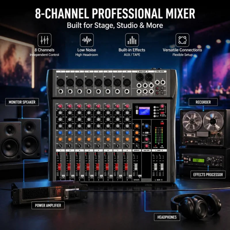 NXG 8 Channel Audio Mixer With Usb And Professional Console